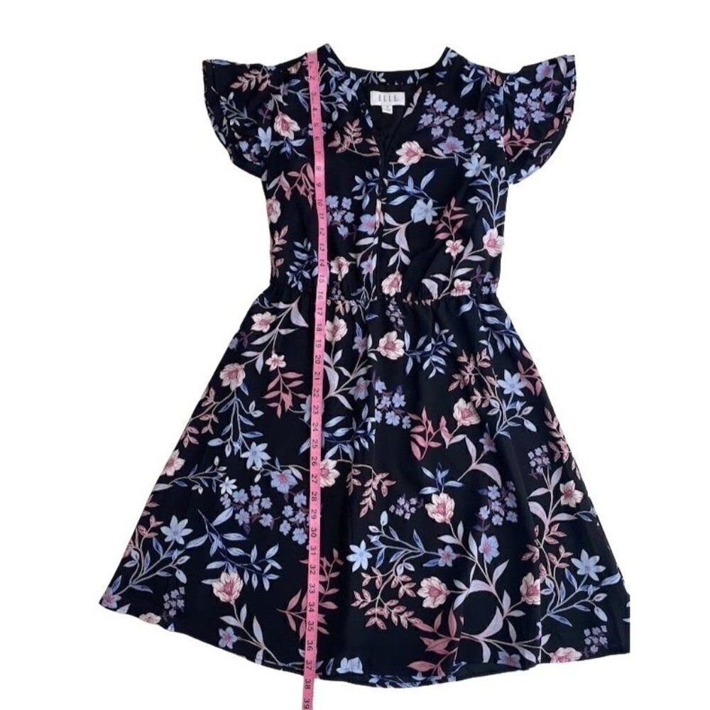 ELLE Black Pink Floral Split Neckline A Line Dress Sz Medium - Picture 5 of 8